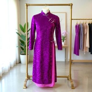 NWT Purple Velvet Bamboo Leaf Patterned Chinese Cheongsam Dress